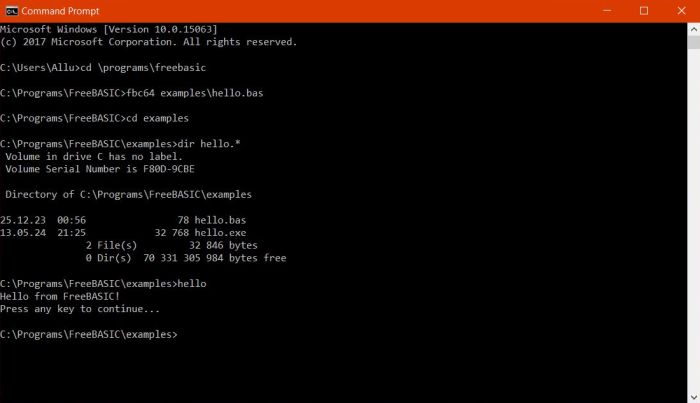 FreeBASIC on Windows 10: Building and running a simple 64-bit 'Hello World' program in Command Prompt