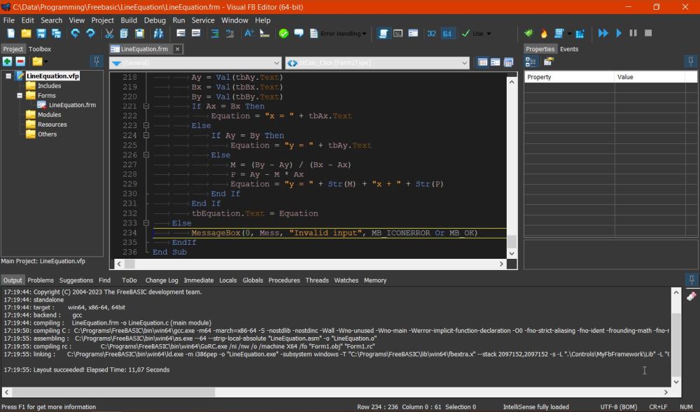 FreeBASIC on Windows 10: VisualFBEditor - Source code of a simple 'Line equation' GUI application