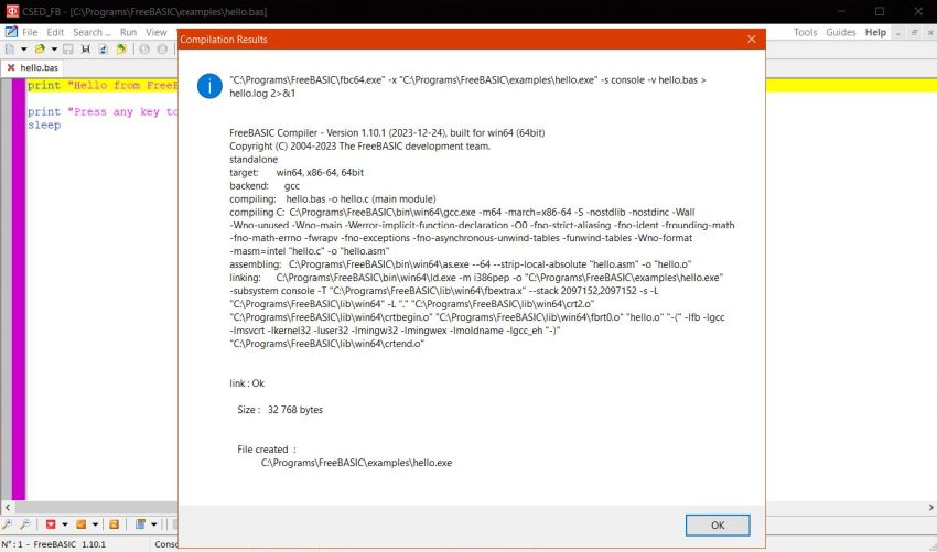 FreeBASIC on Windows 10: CSED_FB - Building a simple 'Hello World' command line program