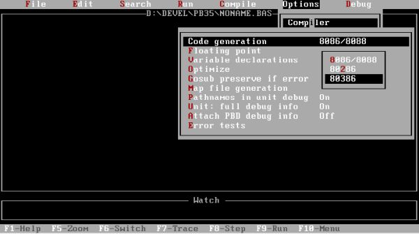 PowerBASIC on FreeDOS: PB IDE configuration - Compile target = 80386 processor