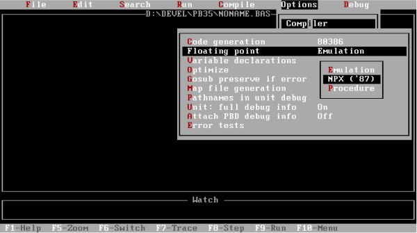 PowerBASIC on FreeDOS: PB IDE configuration - Using the math-coprocessor for floating point operations