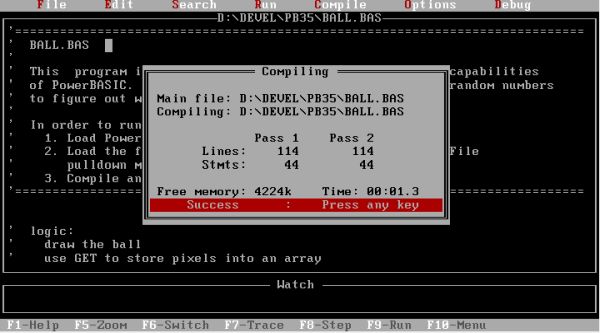 PowerBASIC on FreeDOS: Building a program in PB IDE - Successful compilation