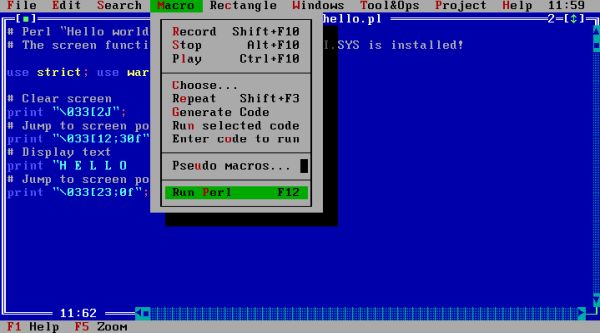 Perl on FreeDOS: SETEdit programmers editor - Custom menu with Perl interpreter menu item