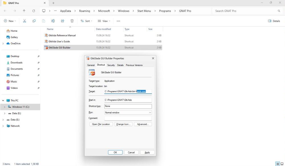 AdaCore GNAT Community Edition on Windows 11 - Setting the correct target for the Glade shortcut in Windows Start menu