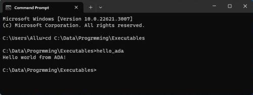 AdaCore GNAT Community Edition on Windows 11 - Running an Ada program in Windows Command Prompt