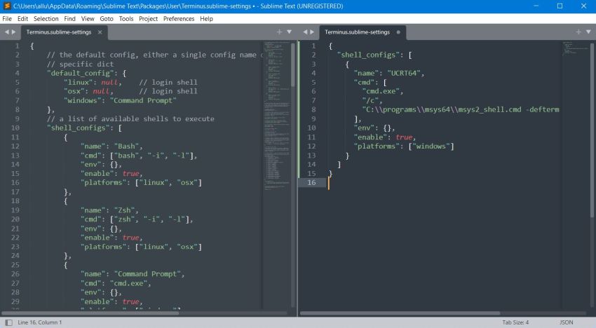 MSYS2 on Windows 10: Sublime Text - Configuring 'Terminus' for the UCRT64 shell