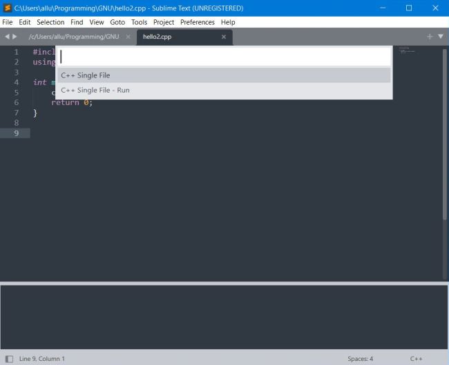 MSYS2 on Windows 10: Sublime Text - Building a C++ file using the 'C++ Single File' build system