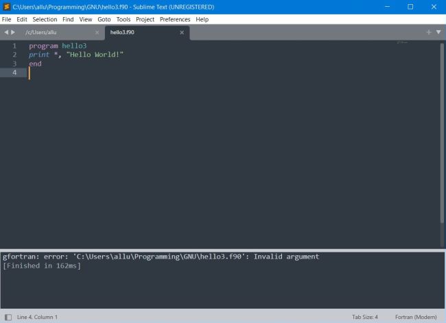 MSYS2 on Windows 10: Sublime Text - GFortran builds abort with an 'invalid argument' error message