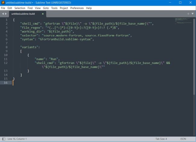 MSYS2 on Windows 10: Sublime Text - JSON code of the custom Fortran Single File build-system file