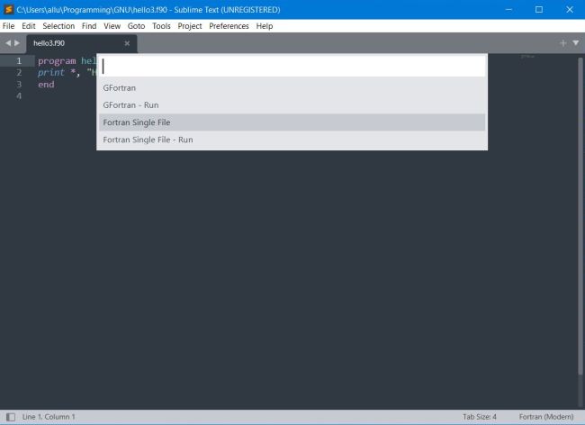 MSYS2 on Windows 10: Sublime Text - Building a Fortran source using the custom Fortran Single File build-system