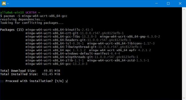 MSYS2 on Windows 10: Installation of the GCC packages for UCRT64