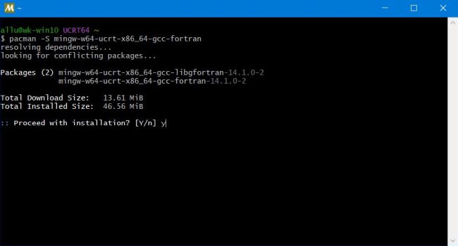 MSYS2 on Windows 10: Installation of the GFortran packages for UCRT64