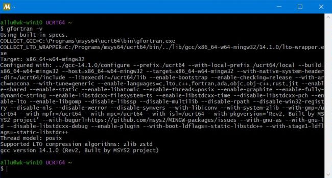 MSYS2 on Windows 10: Checking the version of GFortran