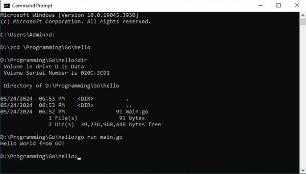 Go on Windows 10 - Running a simple 'Hello World' program in Command Prompt