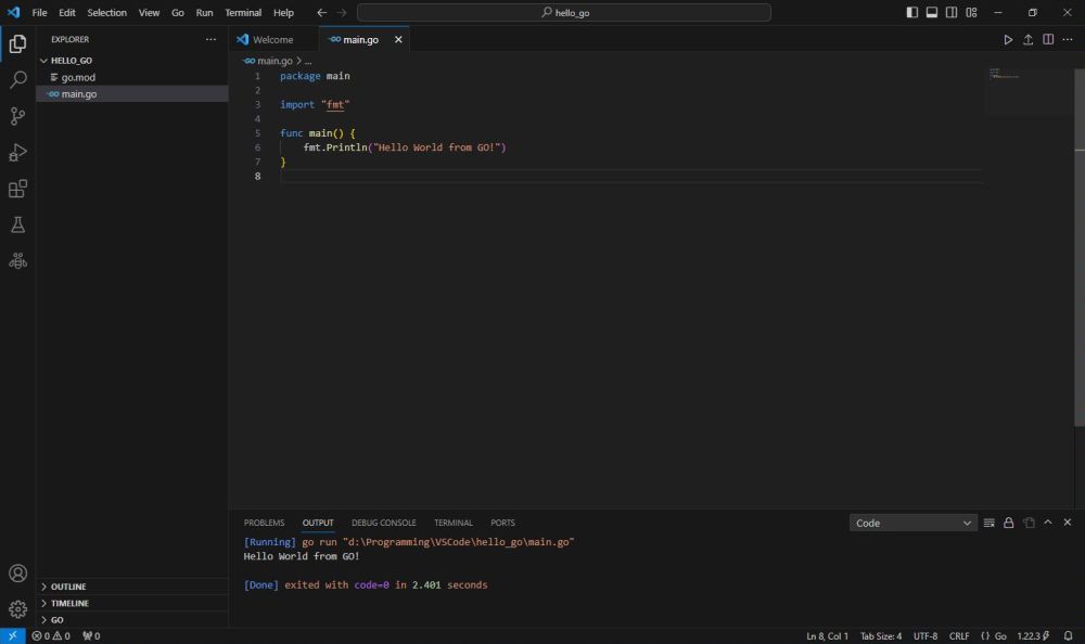 Go on Windows 10 - VSCode: Running some simple 'Hello World' source code