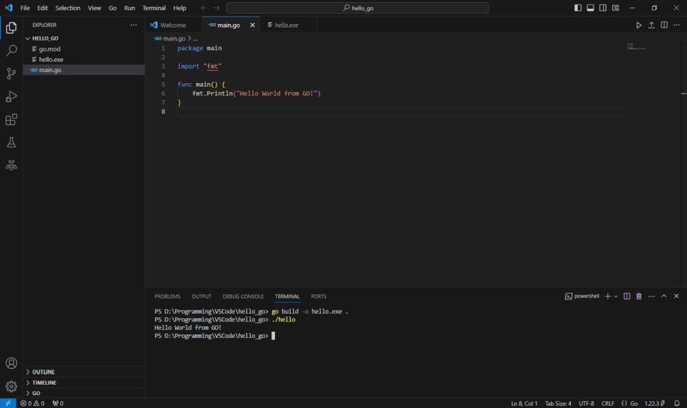 Go on Windows 10 - VSCode: Building and executing some simple 'Hello World' program