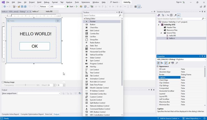 Intel Fortran on Windows 11 - Creating a dialog application: The customized dialog box when finished