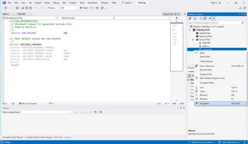 Intel Fortran on Windows 11 - Creating a dialog application: The resource include file resource.h