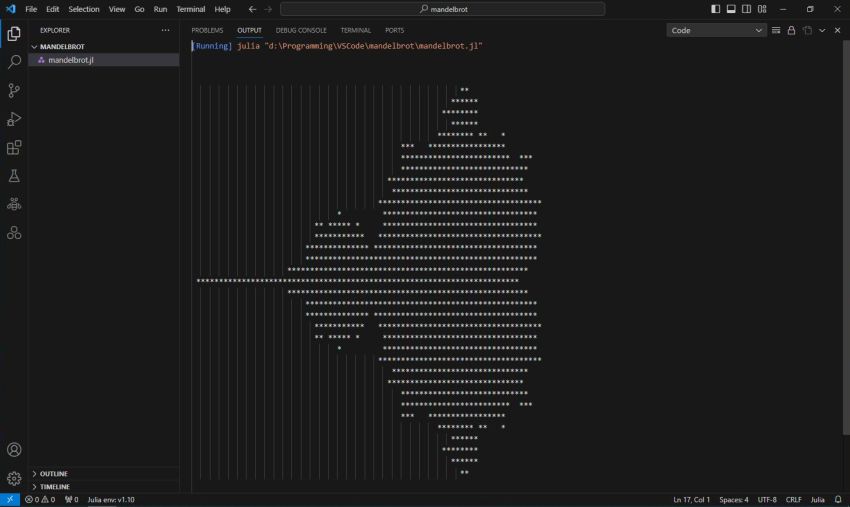 Running a simple Julia 'Mandelbrot' program in VSCode