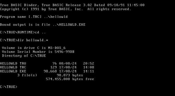 True BASIC on MS-DOS: Binding a .TRC file in order to create a DOS executable