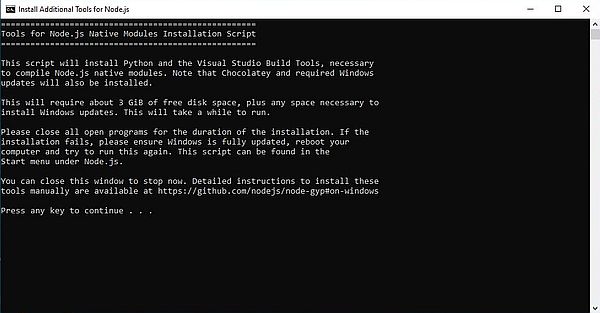 Node.js on Windows 10: Setup - Installation of the tools for native modules [1]