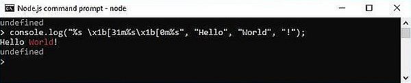 Node.js on Windows 10: 'Hello World' with colored text executed in the Node.js REPL