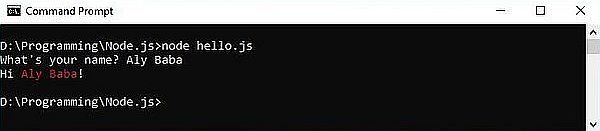 Node.js on Windows 10: 'Hello user' with colored text program executed in Windows Command Prompt