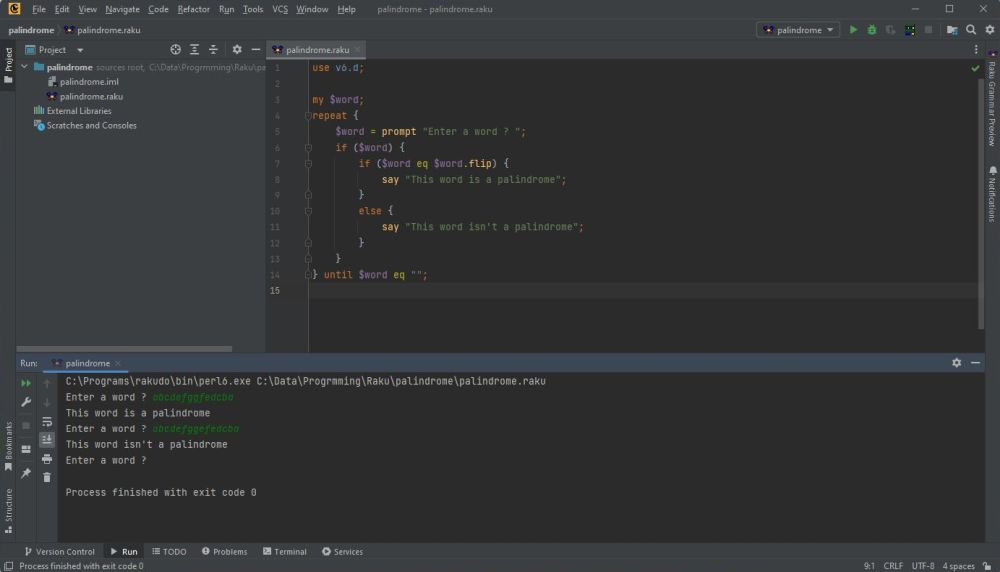 Rakudo on Windows 11: Comma IDE - Execution of a simple 'check for palindrome' script project