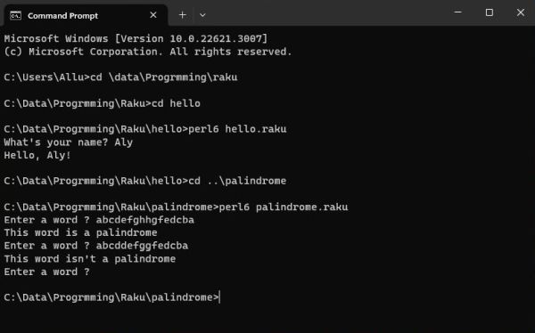 Rakudo on Windows 11: Running two simple Raku scripts in Windows Command Prompt