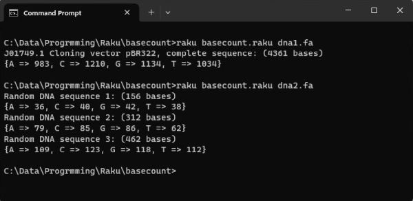 Rakudo on Windows 11: Running a simple DNA bases counting Raku script in Windows Command Prompt