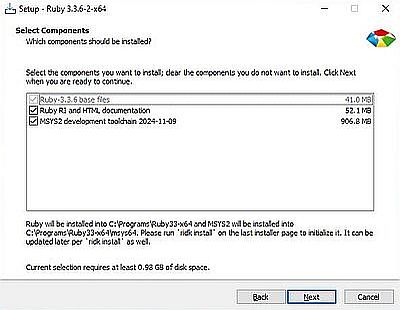 Ruby on Windows 10: Installation of RubyInstaller - Components selection