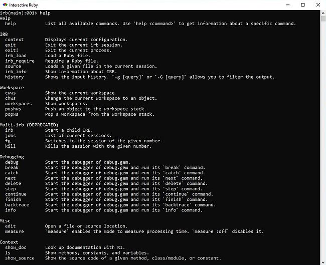 Ruby on Windows 10: Interactive Ruby - Display of the help text