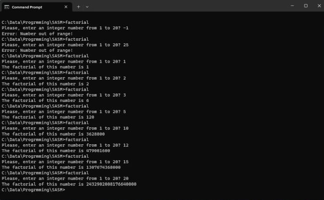 Assembly programming on Windows: FASM 64-bit sample program: Factorial calculation