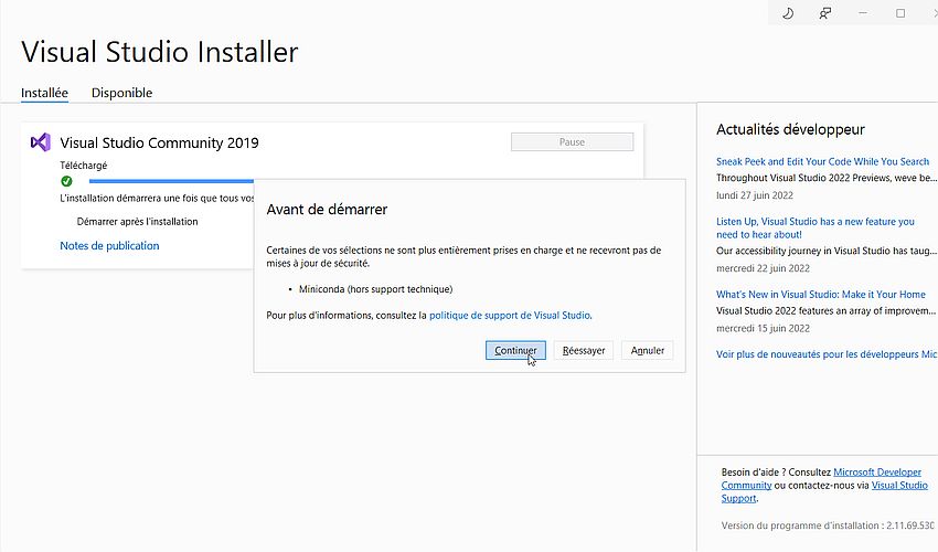 Visual Studio 2019 on Windows 8.1 - Visual Studio Installer: Download terminated (and warning concerning 'Miniconda')