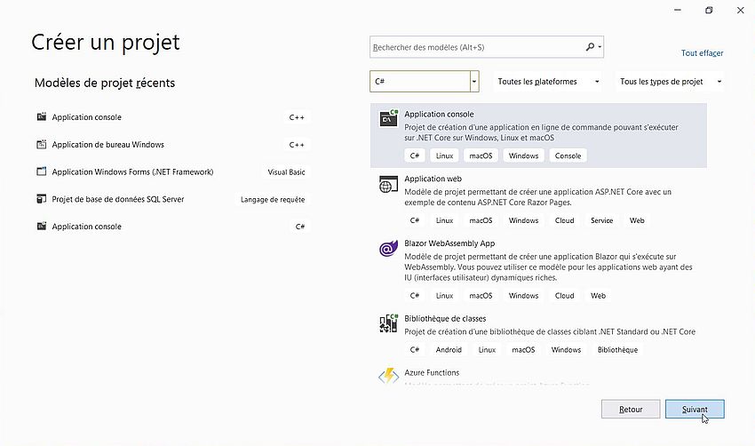 Visual Studio 2019 on Windows 8.1 - Simple C# project: Choosing to create a Visual Studio C# Consoöe App project