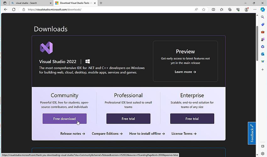 Visual Studio 2022 on Windows 11 - Visual Studio download page at microsoft.com