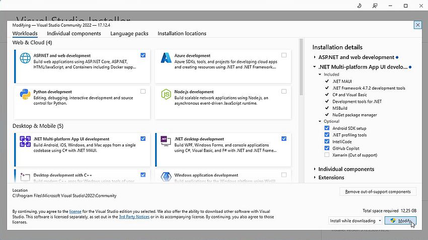 Visual Studio 2022 on Windows 11 - Visual Studio Installer: Adding new components