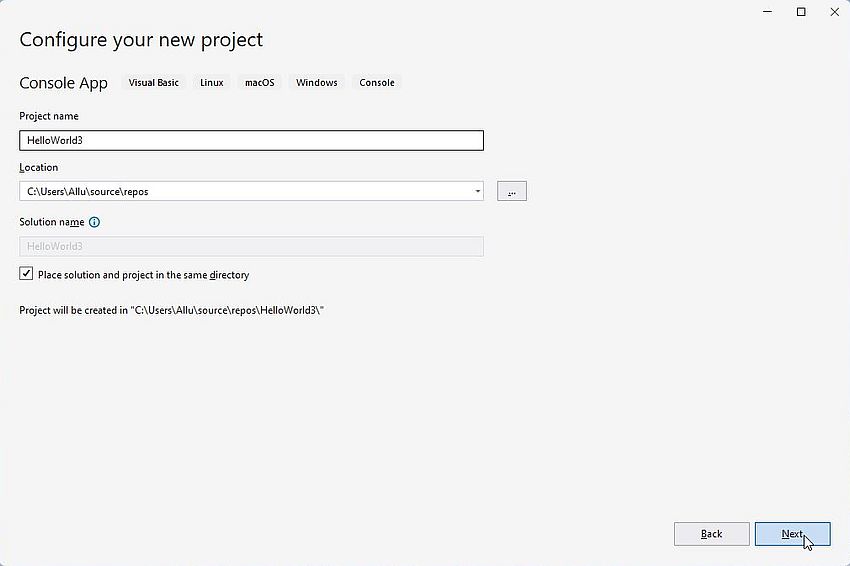 Visual Studio 2022 on Windows 11 - Simple VB project: Configuring the new Visual Studio project [1]