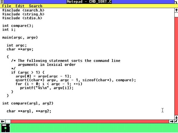 Installing and running Microsoft C Compiler on Windows 1.04: Simple Sort program - source code opened in Notepad