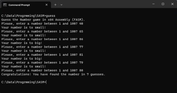 Windows x64 assembly examples: 'Guess the number' game