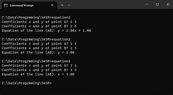 Windows x64 assembly examples: Equation of a line passing through 2 points