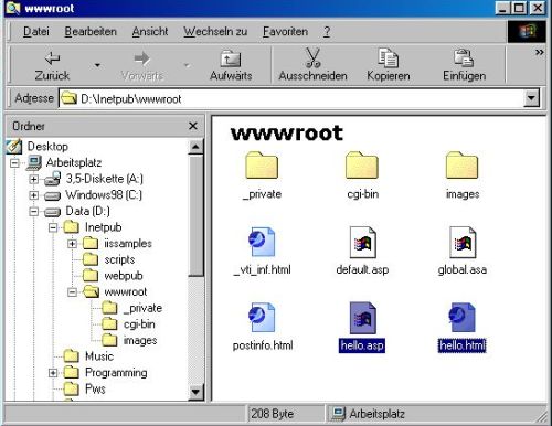 Microsoft PWS on Windows 98: Publishing of the files hello.html and hello.asp