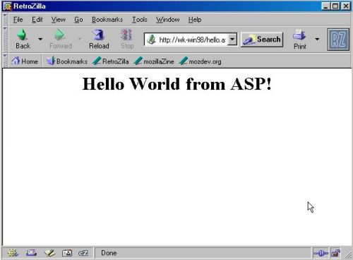 Microsoft PWS on Windows 98: Display of a custom ASP file in Retrozilla web browser