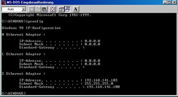 Microsoft PWS on Windows 98: Running ipconfig to find the local IP address