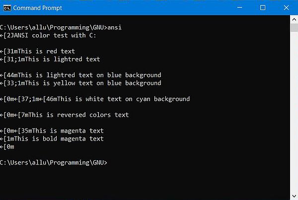 ANSI escape sequences on Windows: C - Verbatim display of the sequences in Windows 10 Command Prompt