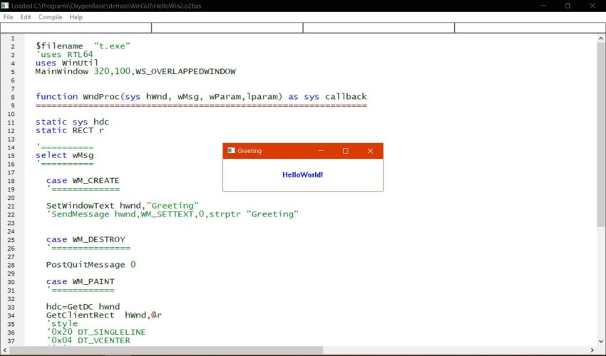 Oxygen Basic on Windows 10 - Simple 'Hello World' GUI application