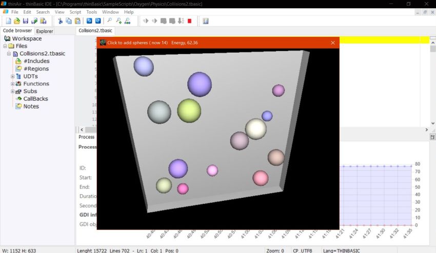 thinBasic on Windows 10 - Example of Oxygene Basic code included in a thinBasic source: Spheres collision