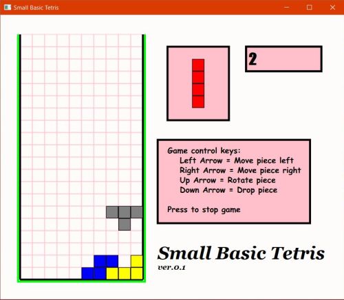 Small Basic on Windows 10 - Running a program published at the Small Basic Program Gallery: Tetris