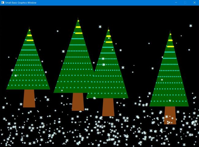 Small Basic on Windows 10 - Running a program published at the Small Basic Program Gallery: Christmas Trees with Snow