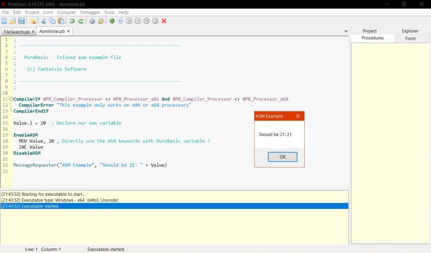 PureBasic on Windows 10 - Simple GUI application sample with inline assembly